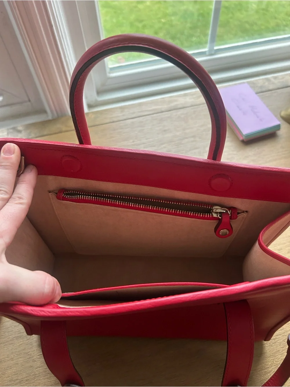 Strathberry Midi Tote Red Leather with Gold Accents